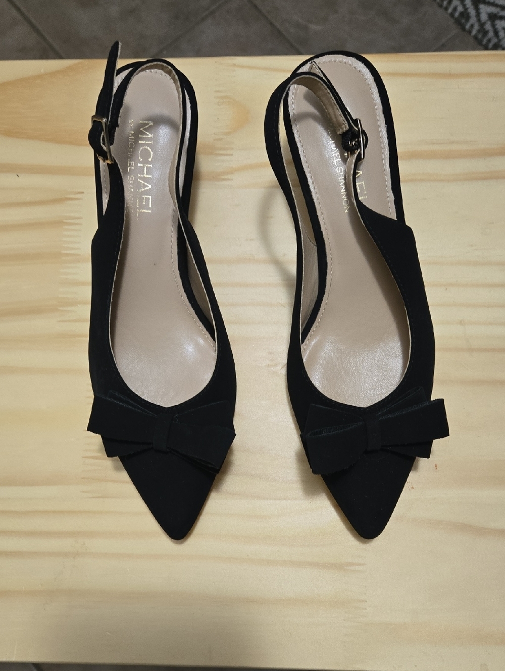 Michael Shannon Black Suede Pointed Slingback Pumps with Bow Accent